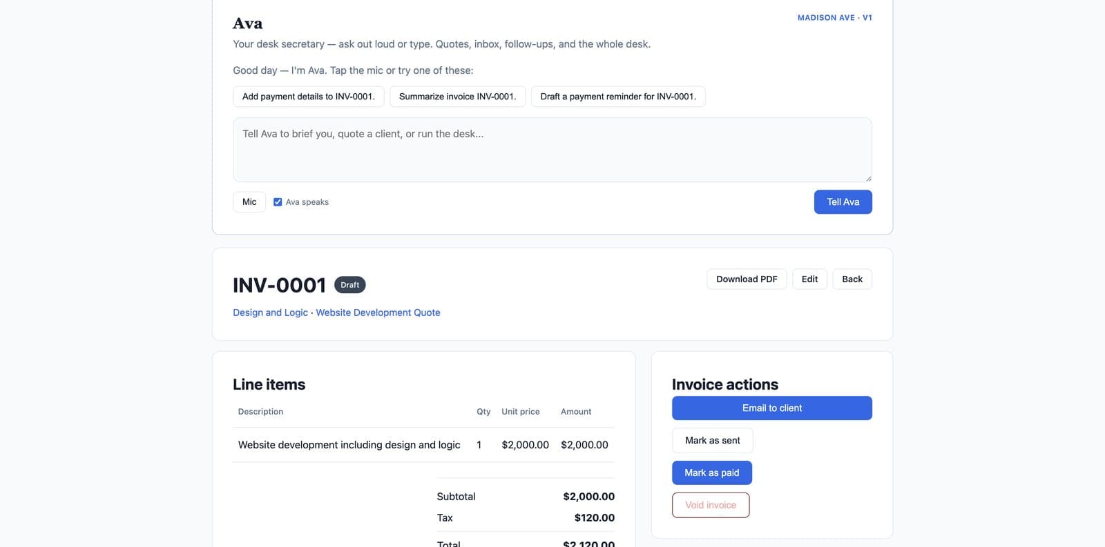 Invoice with totals and Email to client